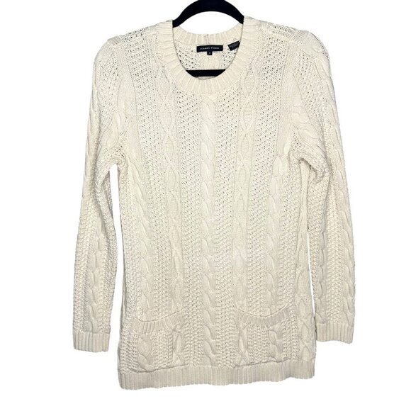 Jeanne Pierre Cable Knit Fisherman Sweater Ivory Front Pockets Preppy Size Small - Picture 2 of 9